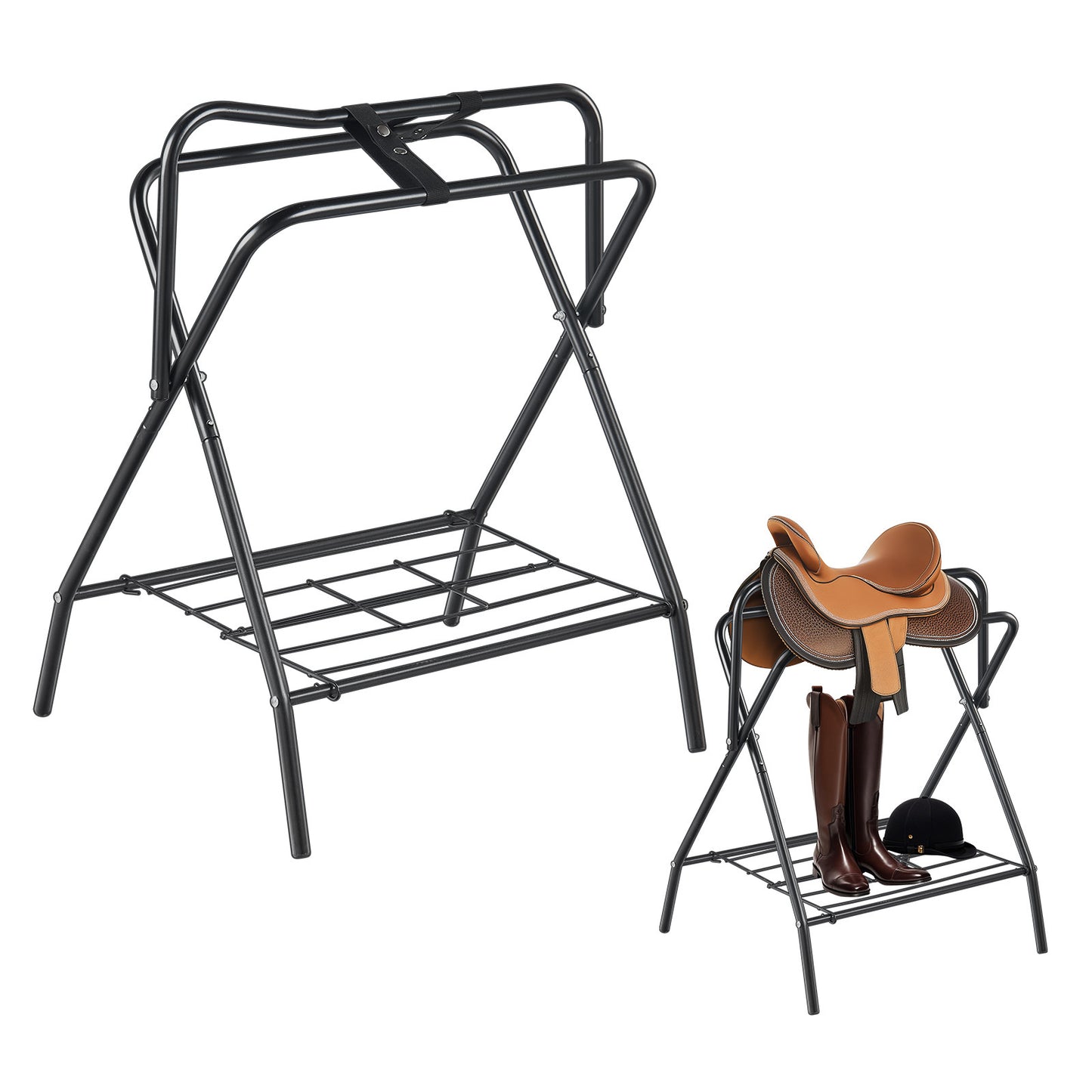 Folding Saddle Rack Freestanding Horse Saddle Stand – Holds 132 lbs, Carbon Steel, Quick-Release Setup, Portable & Space-Saving for Stable