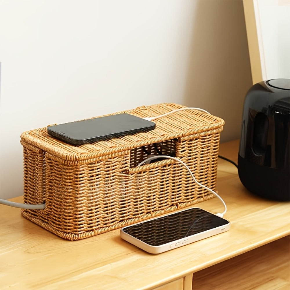 Rattan Cable Management Box with Lid Woven Cord Organizer – Stylish Power Strip Cover Wire Hider for Home Office Living Room Desk Bedroom