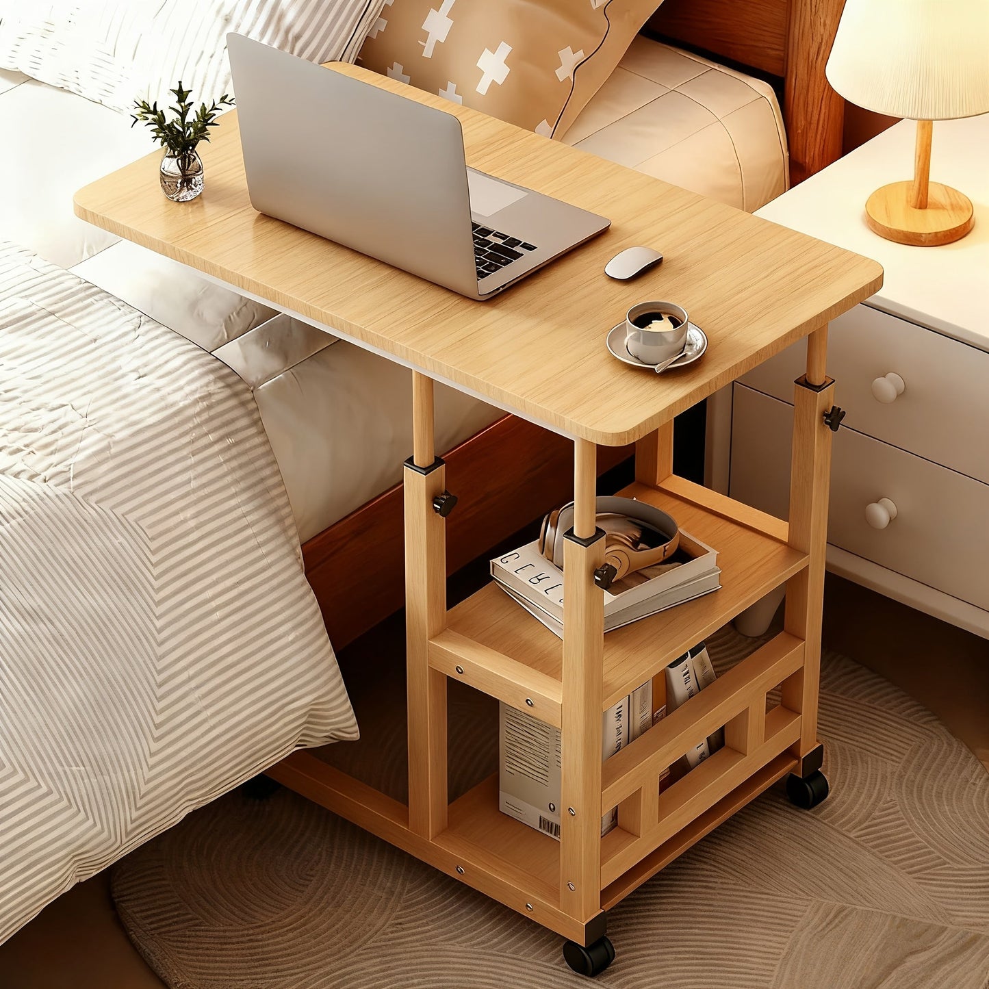 Rolling Overbed Table with Brake Wheels, Adjustable Height Bedside Nursing Dining Table for Elderly & Patients