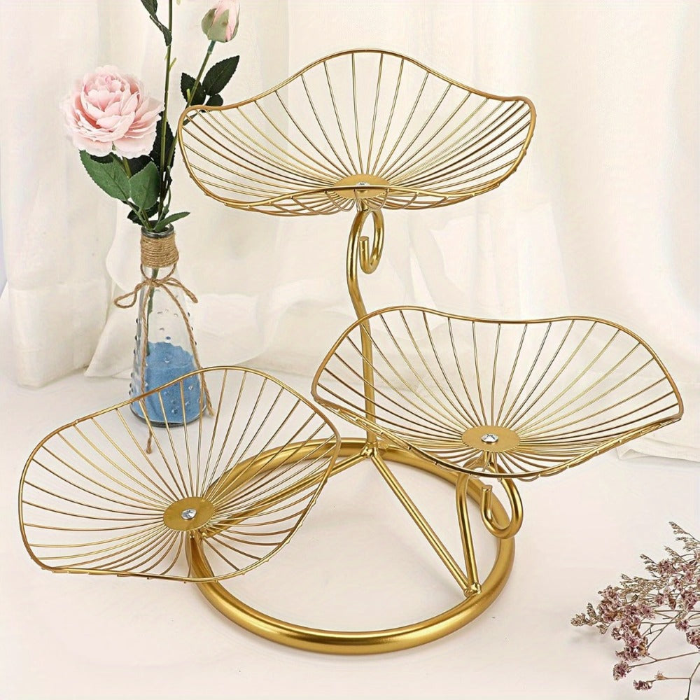 Fruit Basket Stand 3-Tier Decorative Iron Metal Wire Fruit Bowl with Lotus Leaf Design, Countertop Holder for Fruits Vegetables Bread