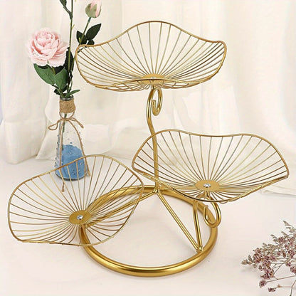 Fruit Basket Stand 3-Tier Decorative Iron Metal Wire Fruit Bowl with Lotus Leaf Design, Countertop Holder for Fruits Vegetables Bread