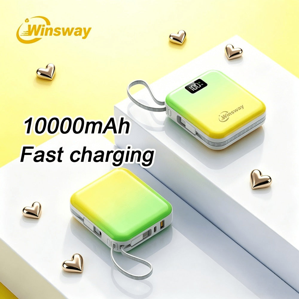 10000mAh Winsway Power Bank with 22.5W Label, Built-In USB-A and USB-C Cables and Gradient Colors