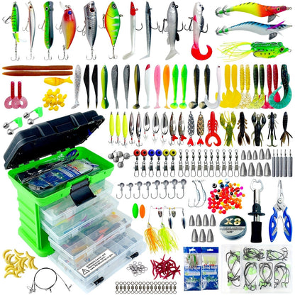 Fishing Lure Set 346-Piece Mixed Tackle Assortment with Hard Baits, Soft Baits, Hooks, Weights and Tiered Storage Box