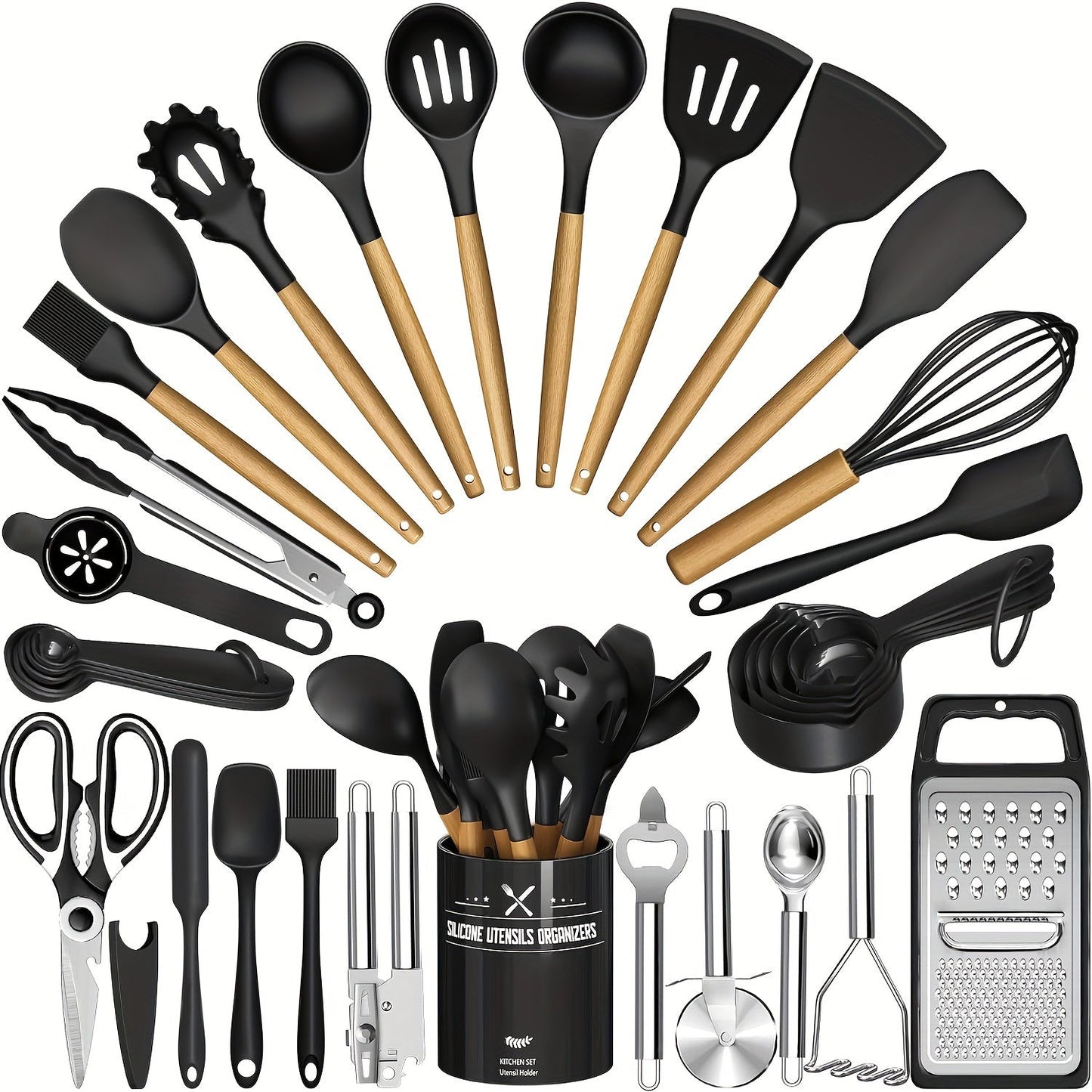 Silicone Kitchen Utensils Set 34-Piece with Holder, Heat Resistant Cooking Spatula Tools for Nonstick Cookware