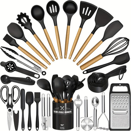 Silicone Kitchen Utensils Set 34-Piece with Holder, Heat Resistant Cooking Spatula Tools for Nonstick Cookware