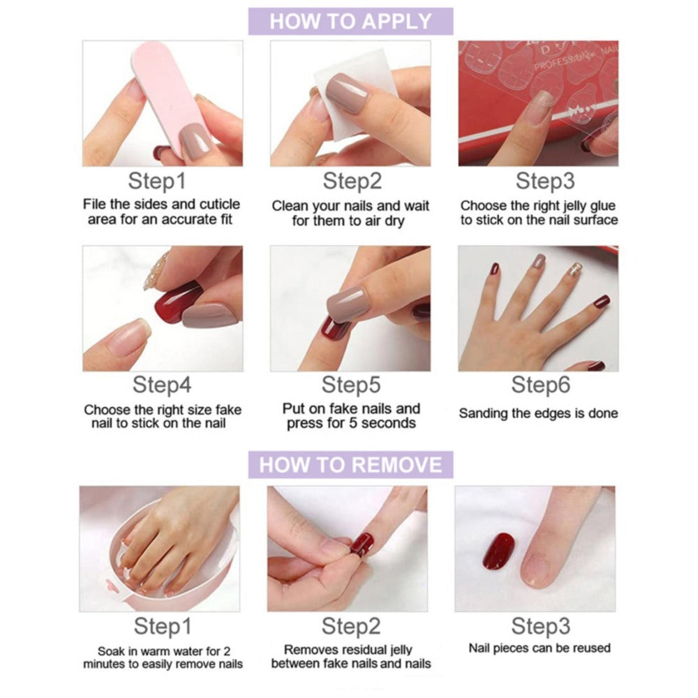 Press On Nails 10-Piece Square French-Tip Set with Nude White Gloss, AB Rhinestones and Floral Design