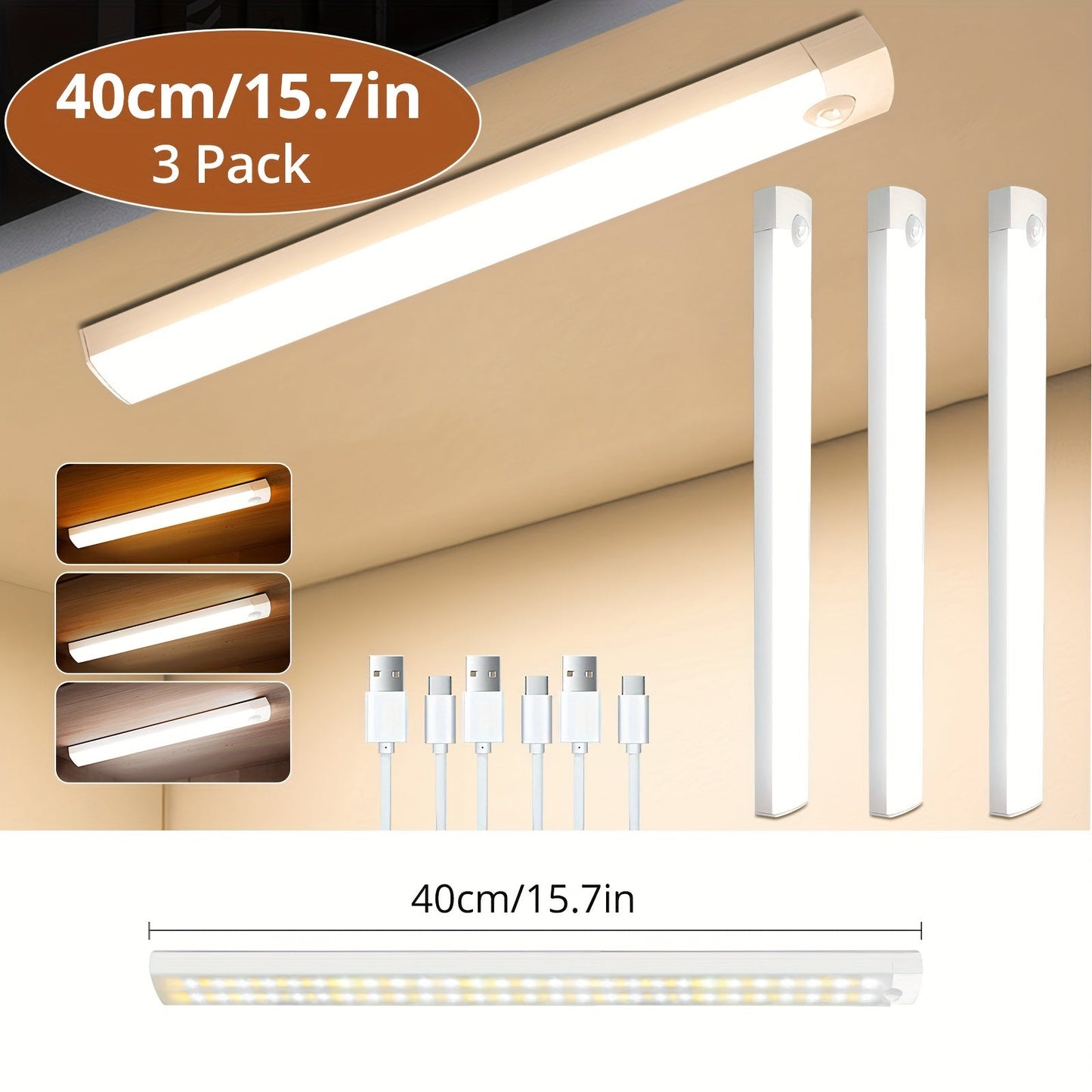 Motion Sensor Cabinet Light 3-Pack, 3-Color Temperature Dimmable Under Counter Closet Light