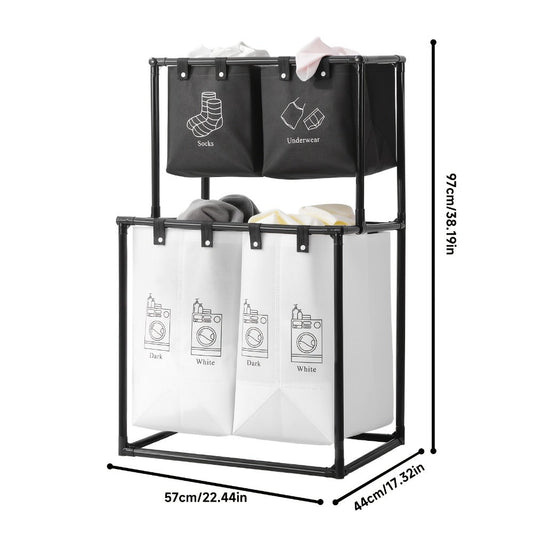 Laundry Sorter 2 Compartment Hamper – 2-Tier Metal Frame Laundry Hamper with Handles, Breathable Mesh Bags & Cable Ties