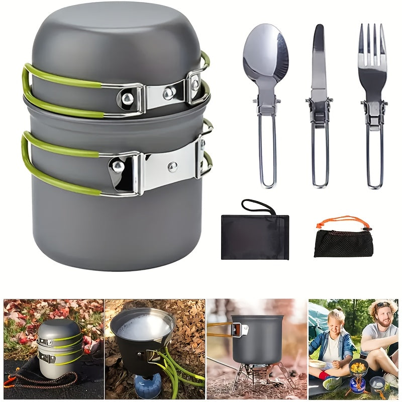 Portable Camping Cookware Set with Double Pot & Utensils – Lightweight Open Fire Cooking Kit with Forks Knives Spoons