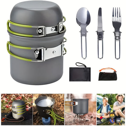 Portable Camping Cookware Set with Double Pot & Utensils – Lightweight Open Fire Cooking Kit with Forks Knives Spoons