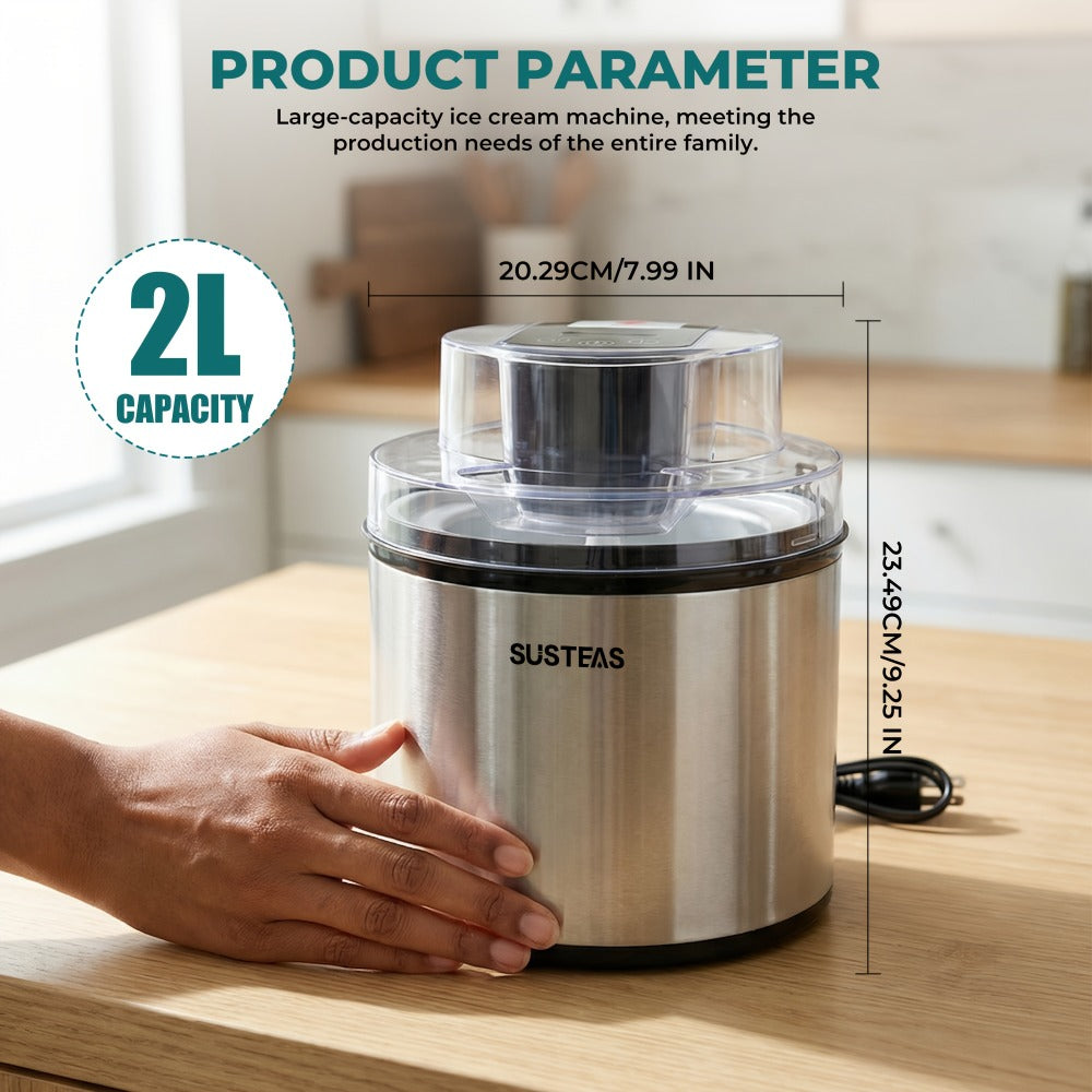 Ice Cream Maker 2 Liter Large Stainless Steel with LED Screen - Electric Ice Cream Machine for Home