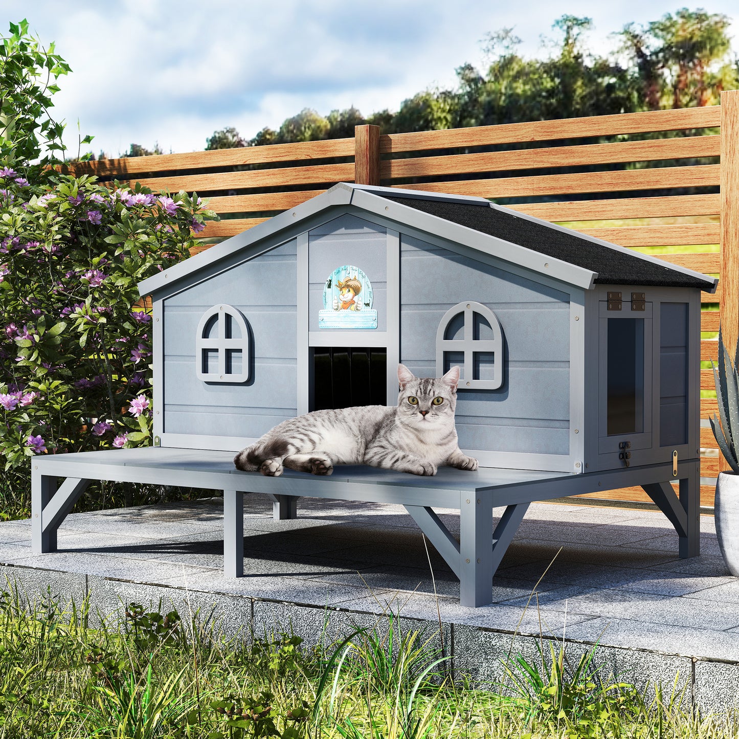 Outdoor Cat House Wooden Weatherproof Feral Cat Shelter with Deck, Elevated Legs & 2 Escape Doors – Large Indoor Outdoor Catio for 1-3 Cats
