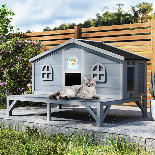 Outdoor Cat House Wooden Weatherproof Feral Cat Shelter with Deck, Elevated Legs & 2 Escape Doors – Large Indoor Outdoor Catio for 1-3 Cats