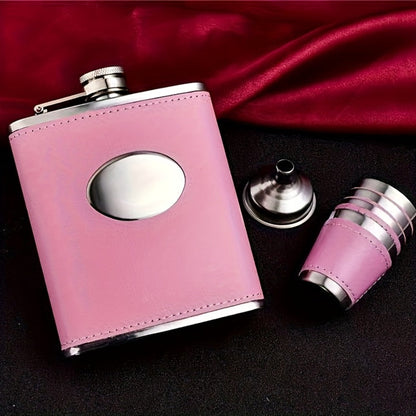 Flask Set for Women 6oz Leather Wrapped Stainless Steel Hip Flask Gift Set with 4 Cups for Entryways, Bedrooms and Living Spaces