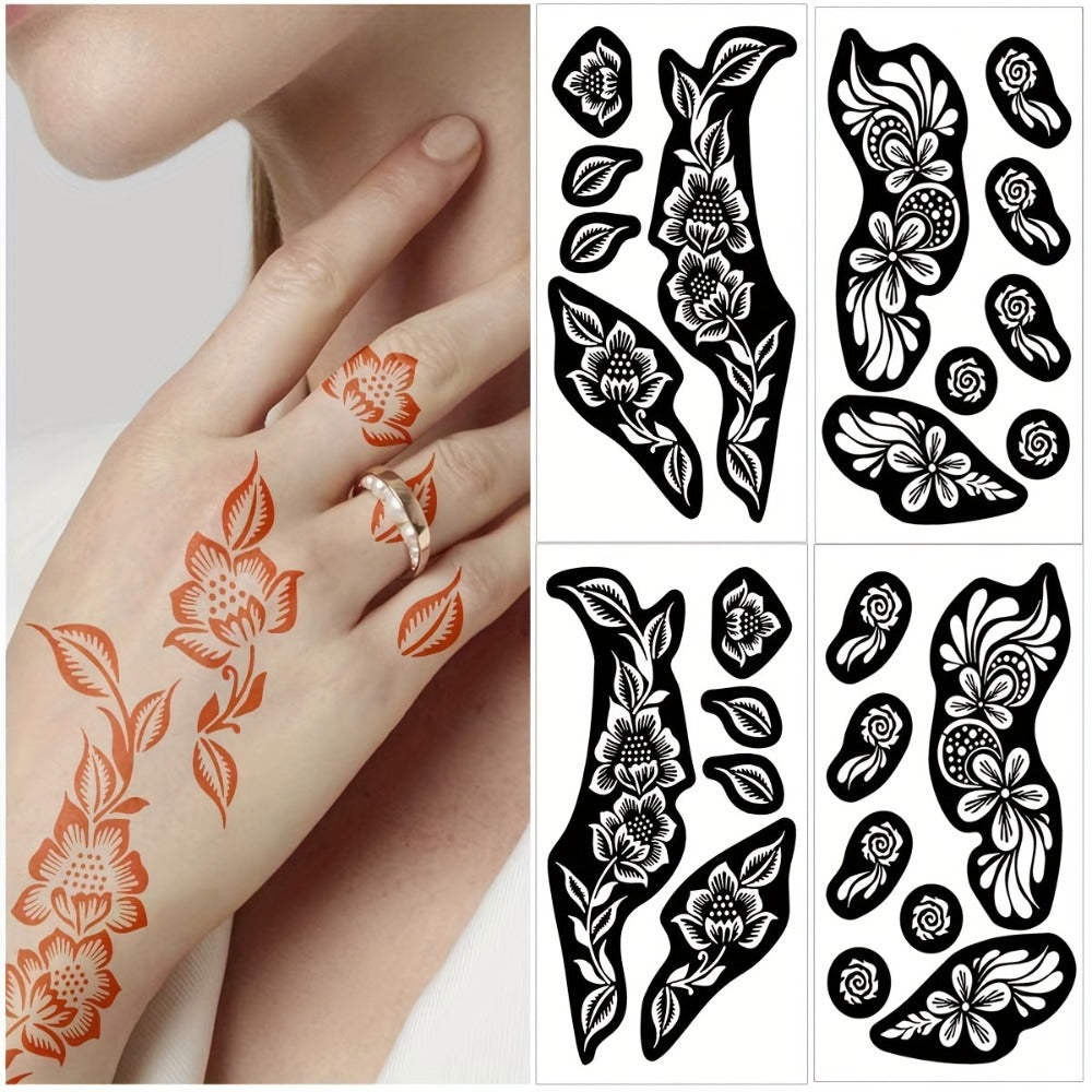 Tattoo Stencil Kit with Brown Paste Ink & Flash Spray, Pre-Cut Hollow Template DIY Freehand Henna Style