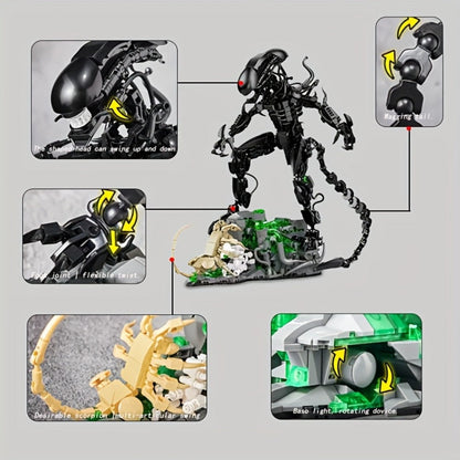 Building Block Set Alien Beast with 958 Pieces, Articulated Black Figure, Scene Base and Long Tail