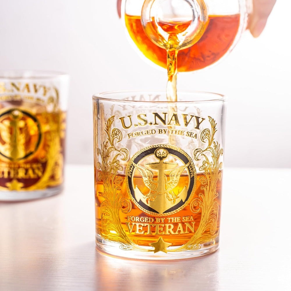 Engraved Veteran Tribute Whiskey Glass 10oz - US Navy Military Gift, Personalized Patriotic Whiskey Glasses for Dad