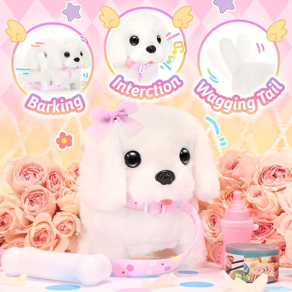 Plush Toy White Electronic Puppy with Walking, Barking, Tail-Wagging Action, Leash and Bow