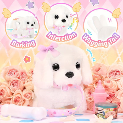 Plush Toy White Electronic Puppy with Walking, Barking, Tail-Wagging Action, Leash and Bow