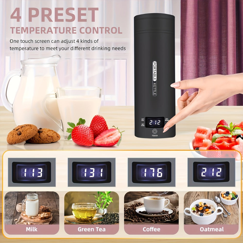 Travel Electric Kettle Mini Portable 304 Stainless Steel 4 Temperature Settings Auto Shut-Off Boil-Dry Protection BPA-Free Water Boiler