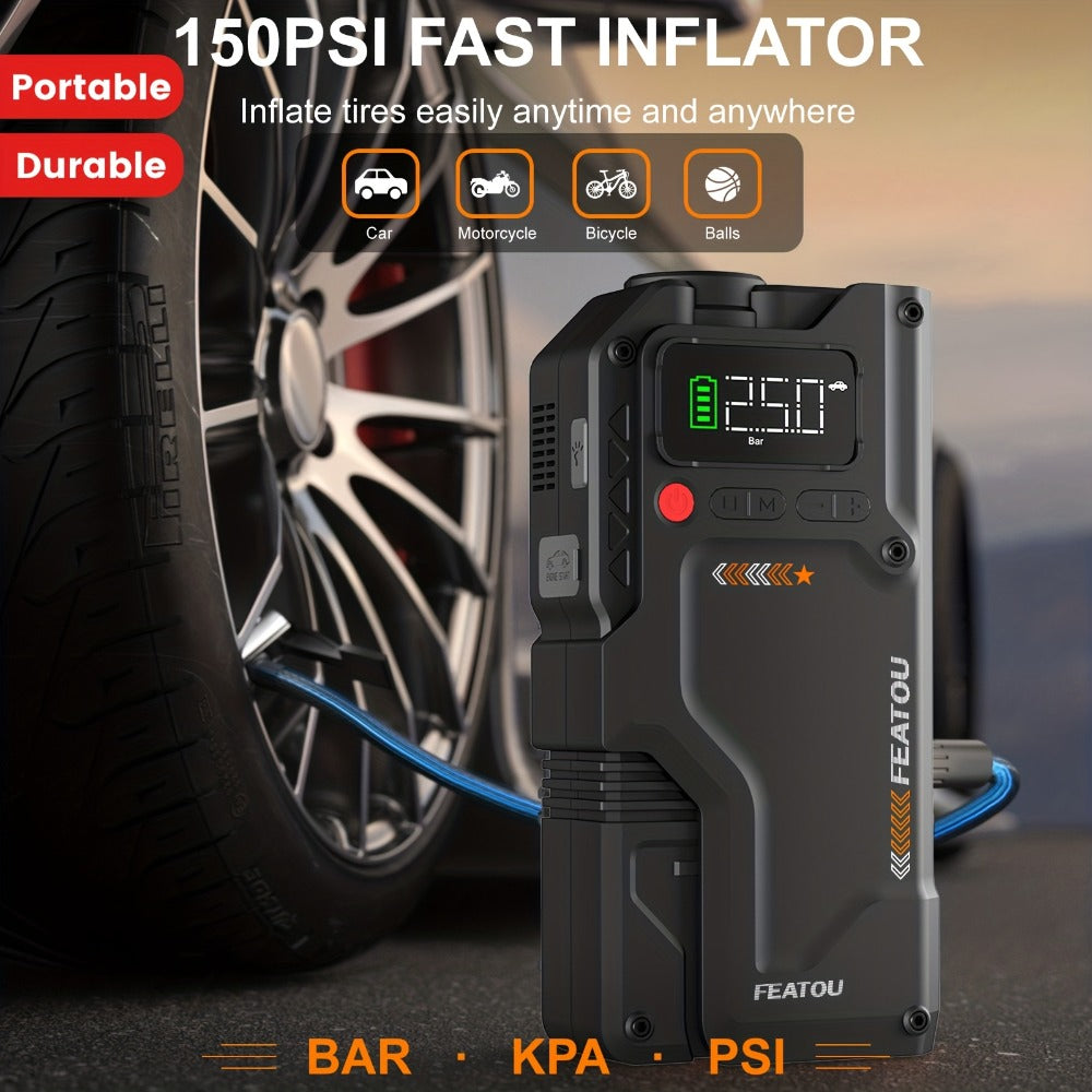 Jump Starter with Air Compressor 5000A/7000A Peak – 150PSI Digital Tire Inflator, Portable Battery Pack for 10L Gas & Diesel