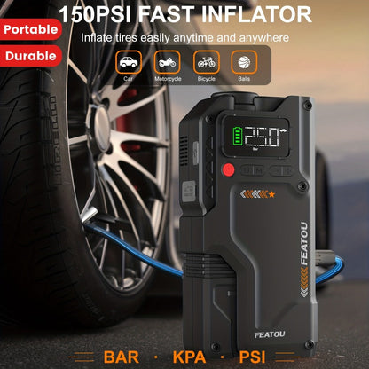 Jump Starter with Air Compressor 5000A/7000A Peak – 150PSI Digital Tire Inflator, Portable Battery Pack for 10L Gas & Diesel