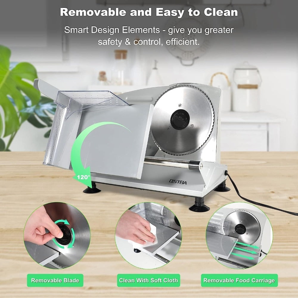 Electric Deli Food Slicer with Removable Stainless Steel Blades – Adjustable Thickness Meat Slicer for Home, Easy to Clean