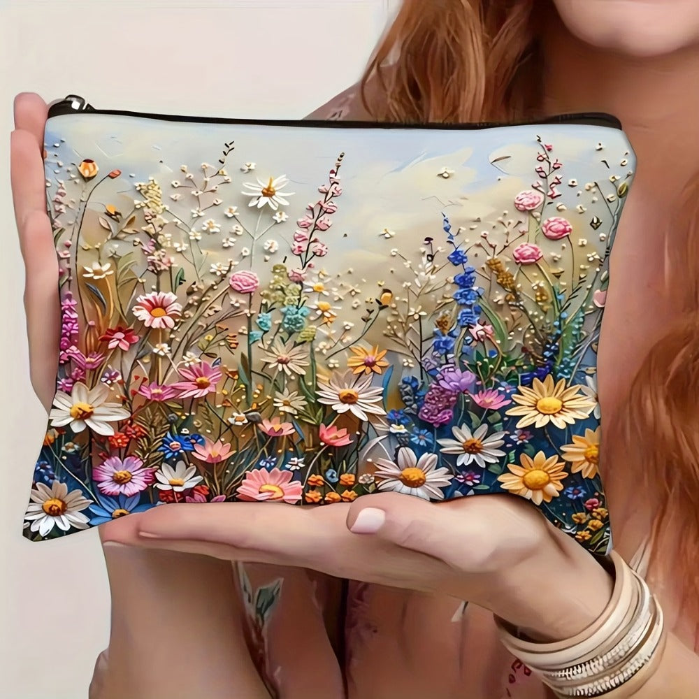 Makeup Bag Four-Piece Daisy Floral Foldable Zipper Pouch Set for Travel, Vanity and Everyday Beauty Storage