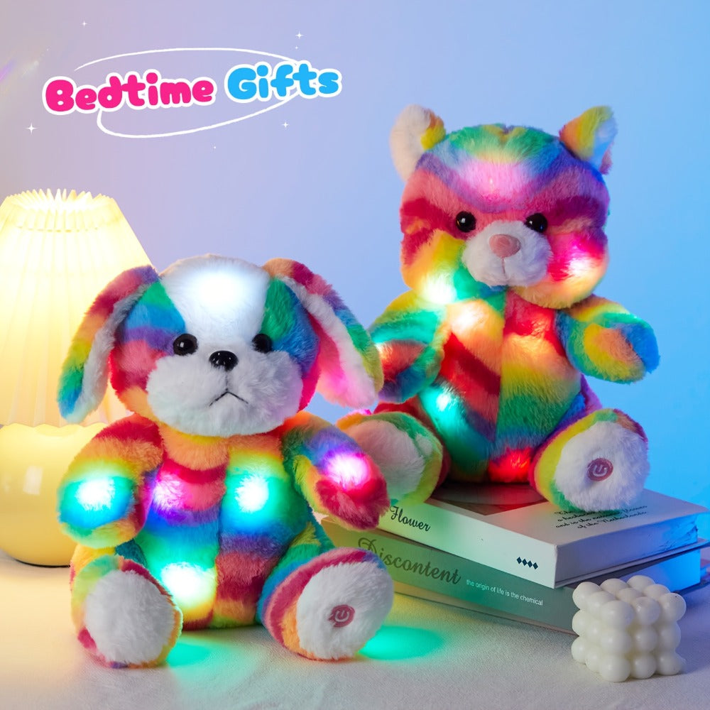 Plush Toy Rainbow Cat with Glowing Color Points and Music for Bright Interactive Display for Character Display, Room Decor and Gift