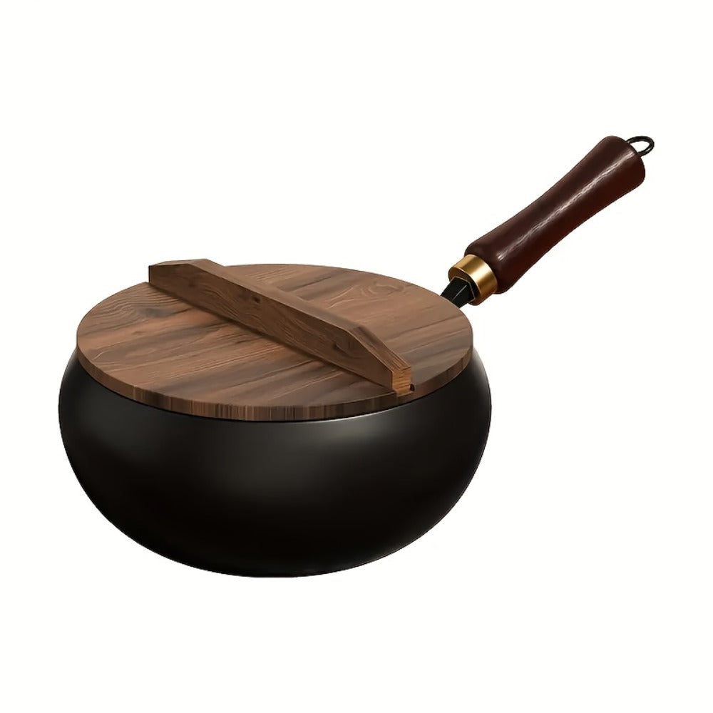 Cast Iron Wok 9.45 Inch Japanese Uncoated Iron Frying Pan Round Bottom Stir Fry Pan with Lid for Home Cooking, Dining and Outdoor Meals