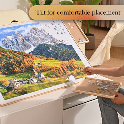 Puzzle Board Table 2000 Pieces Tilting Surface 41.5"x29.6" – Large Wooden Jigsaw Puzzle Plateau with 4 Magnetic Drawers & Cover