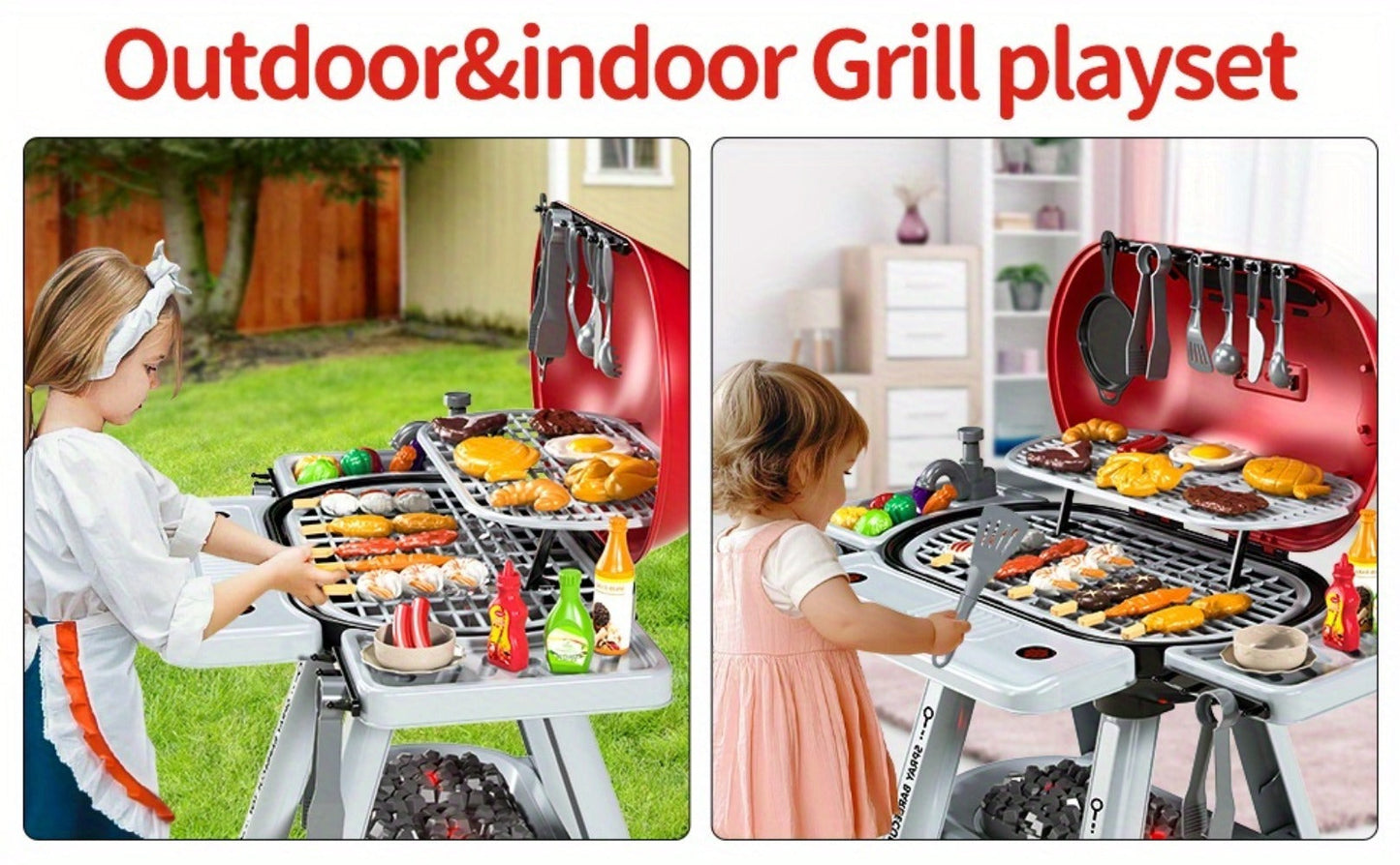 Kids BBQ Grill Playset Two-Tier with Toy Food Meats Fruits Spices & Working Water Tap for Grilling, Camping and Outdoor Meals