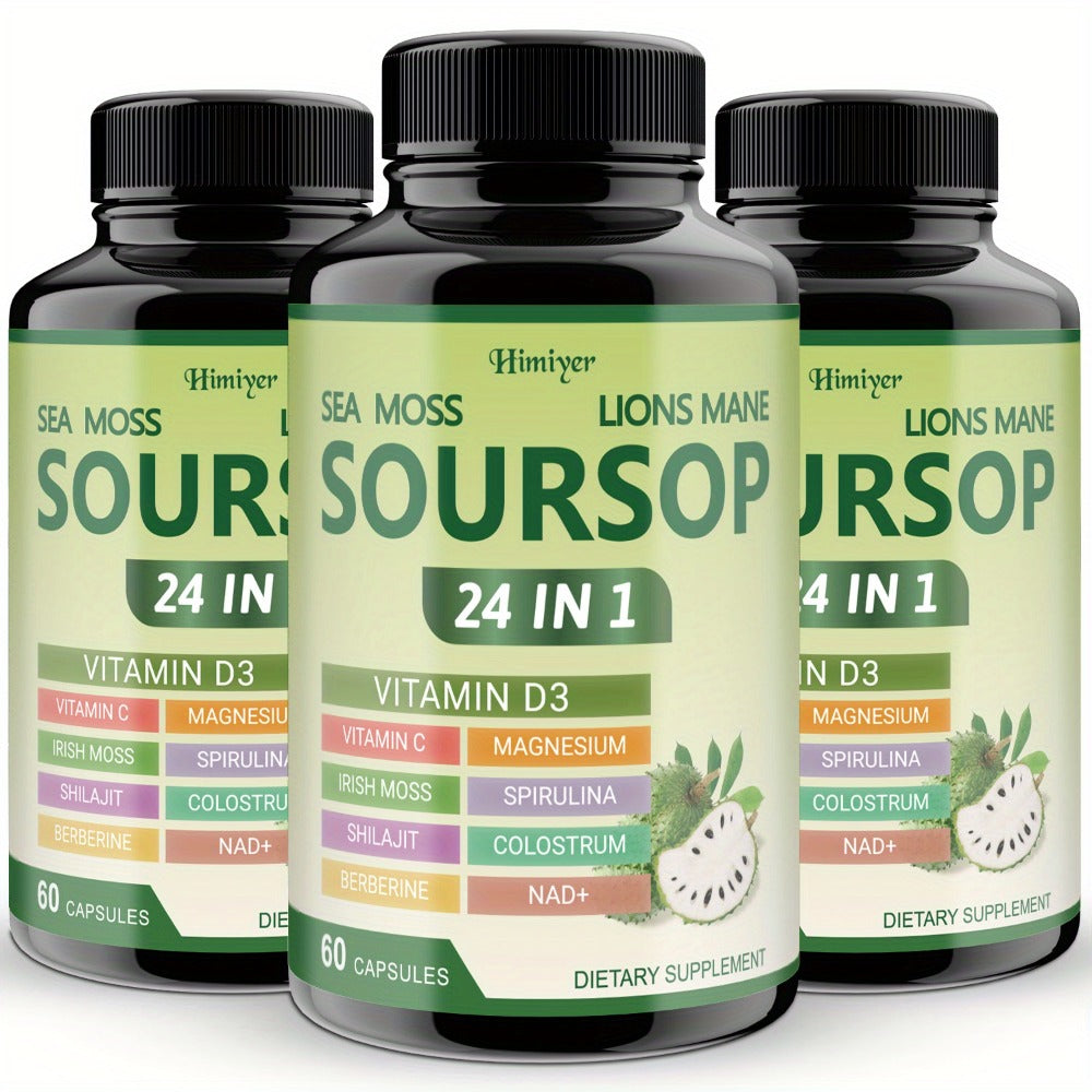 Soursop Graviola Capsules 24-in-1 Herbal Blend – Turmeric Spirulina Sea Moss Vitamin D3 Bitter Leaf | Immune Defense Antioxidant Gut Energy