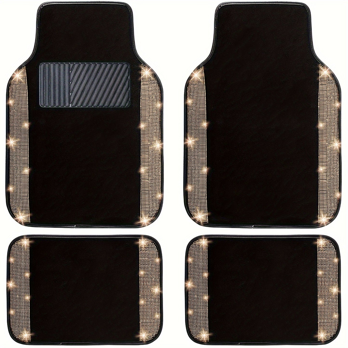 Rhinestone-Border Car Floor Mats, Four-Piece Black Carpet Set with Seven Accent Color Options
