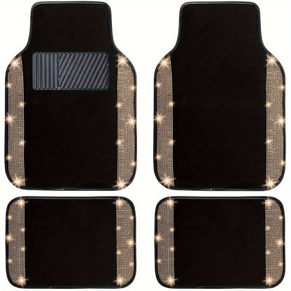 Rhinestone-Border Car Floor Mats, Four-Piece Black Carpet Set with Seven Accent Color Options