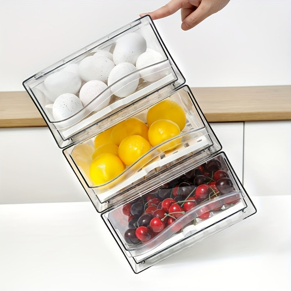 Stackable Fridge Organizer Bins with Drawer, Refrigerator Storage Containers with Drain Board & Ventilation
