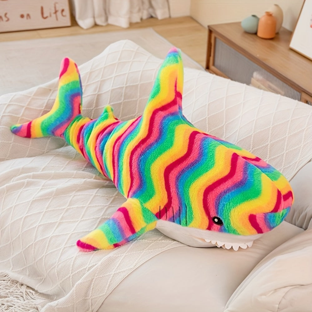 Stuffed Animal Rainbow Shark with Long Pillow Shape, Mixed Colors and Soft Plush Fabric for Room Decor
