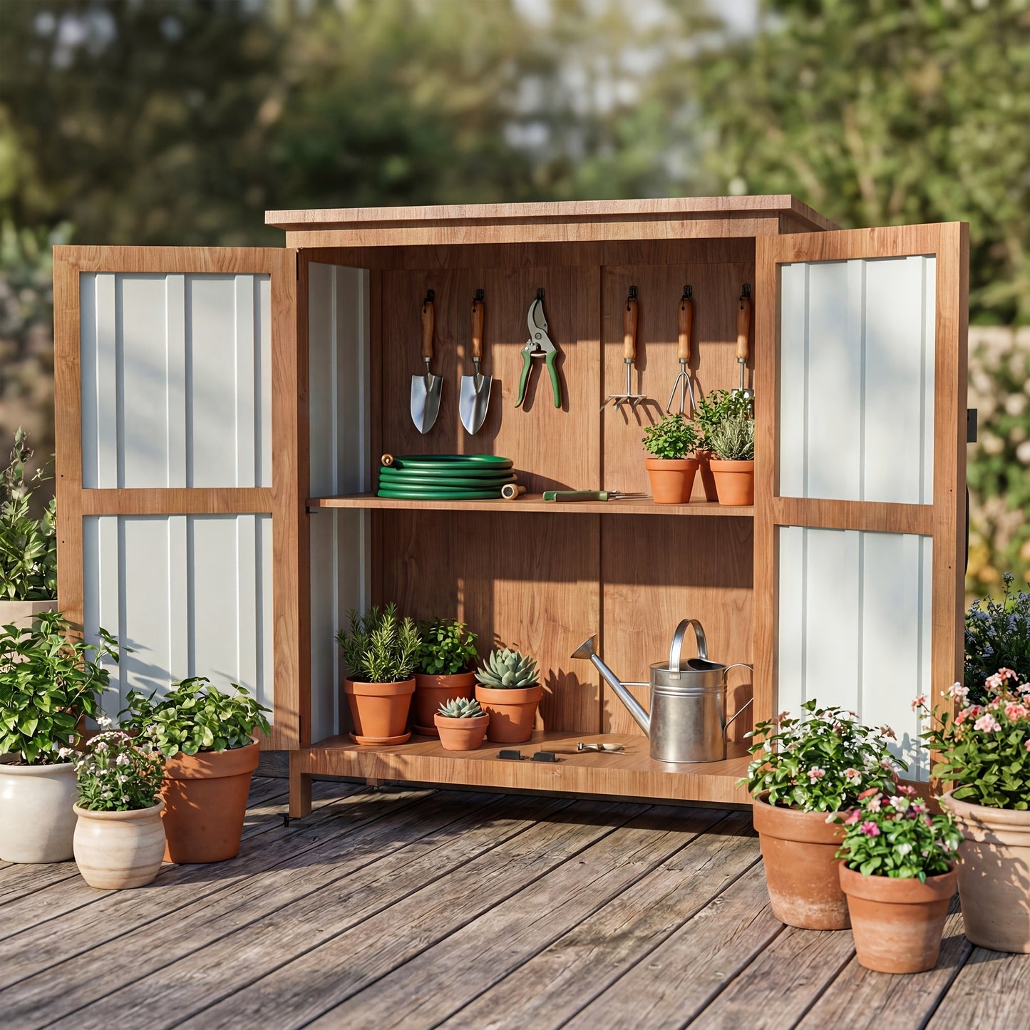Metal Outdoor Storage Cabinets with Shelf-Equipped Tall or Low Models and 3 x 2 x 4.6 Ft Shed Option