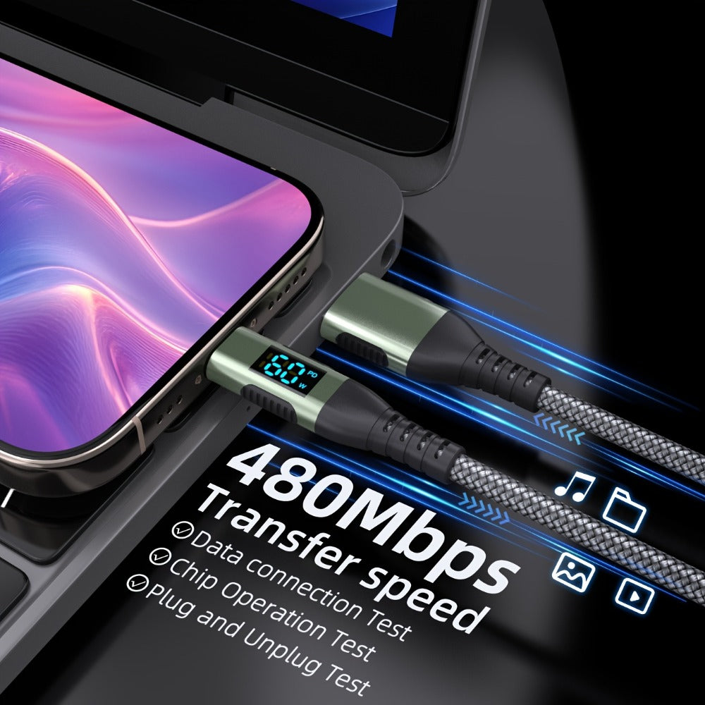 USB-A to USB-C Cable with LED Digital Display, 3A Fast Charging & 480Mbps Data Sync, Nylon Braided Anti-Overheat
