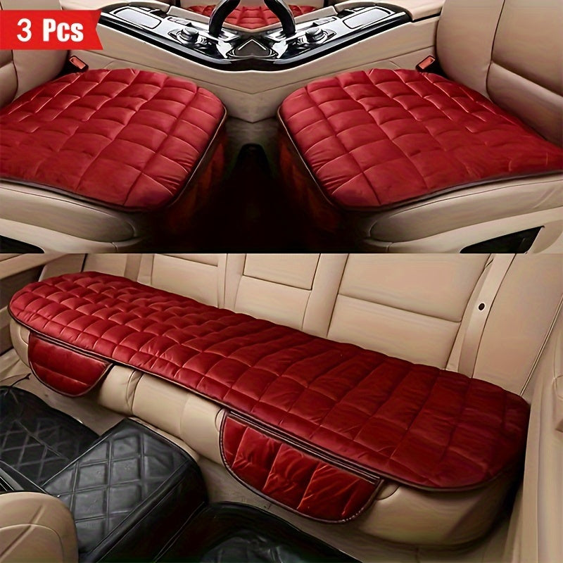 Plush Plaid Car Seat Cushion Three-Piece Set with Two Front Pads, One Rear Pad and Five Color Options