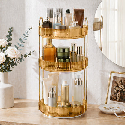 Three-Tier Rotating Makeup Organizer with 360-Degree Base in Green, Amber or Transparent Finish