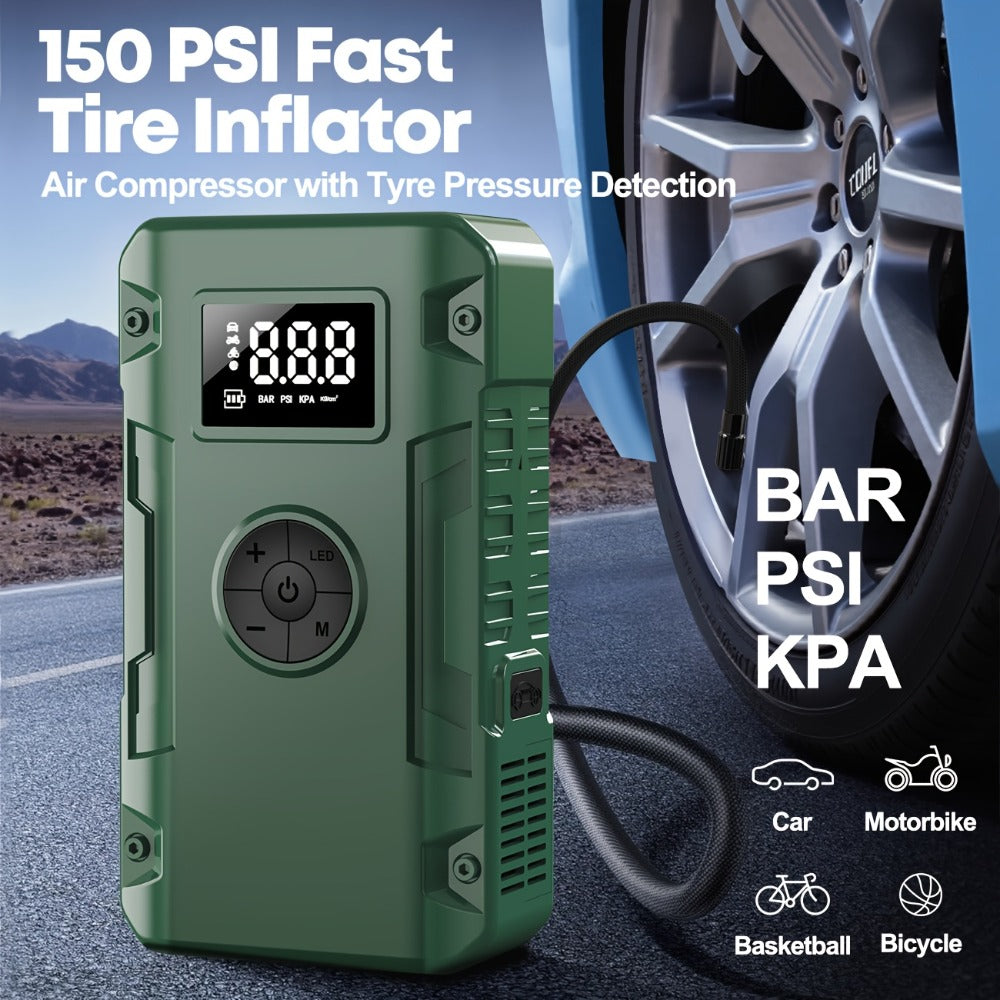 Jump Starter 10000A 7-in-1 with Air Pump – 150PSI Tire Inflator, Portable Battery Booster for Gas & Diesel, USB & USB-C Power Bank