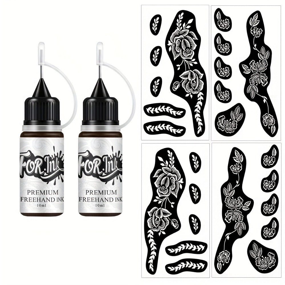 Tattoo Stencil Kit with Brown Paste Ink & Flash Spray, Pre-Cut Hollow Template DIY Freehand Henna Style