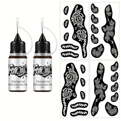 Tattoo Stencil Kit with Brown Paste Ink & Flash Spray, Pre-Cut Hollow Template DIY Freehand Henna Style