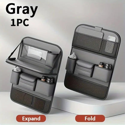 Faux Leather Car Seat Back Organizer with Foldable Tray and Tablet Stand in Black, Gray or Brown, One- or Two-Piece Packs
