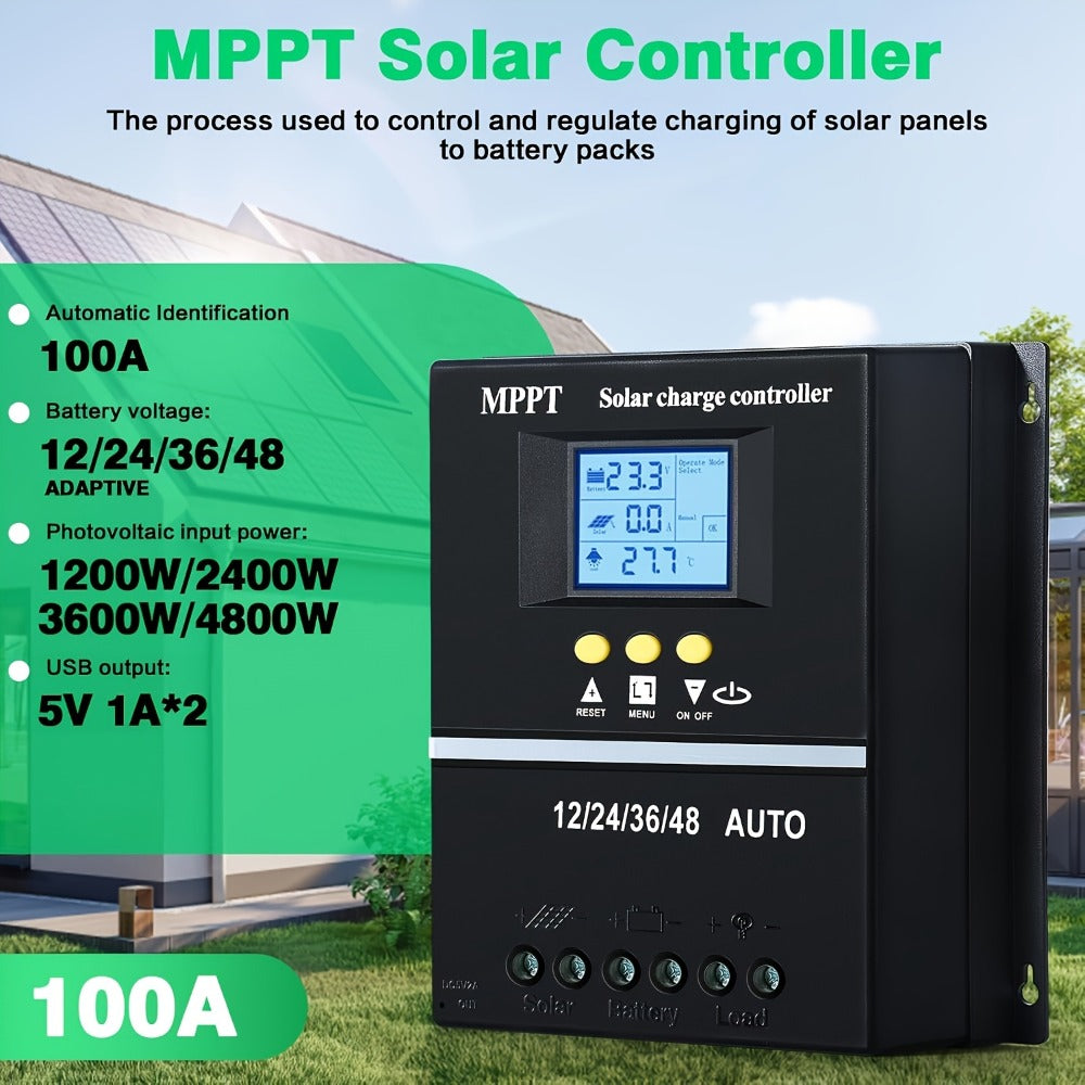100A MPPT Solar Charge Controller with LCD Display Auto Tracking for 12V 24V 36V 48V Systems Lead-Acid Lithium LiFePO4 Batteries Off-Grid