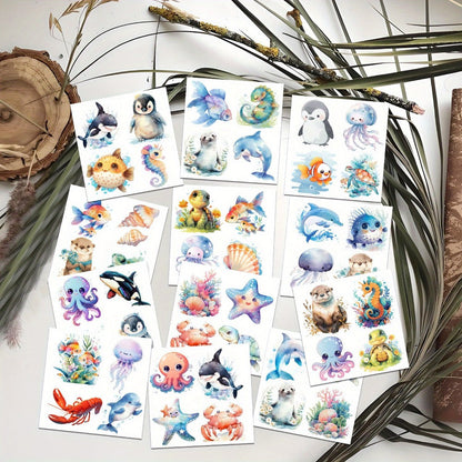 Ocean Animals Temporary Tattoo Stickers 12 Sheets 48 Designs Underwater Sea Creatures Cartoon Vibrant Body
