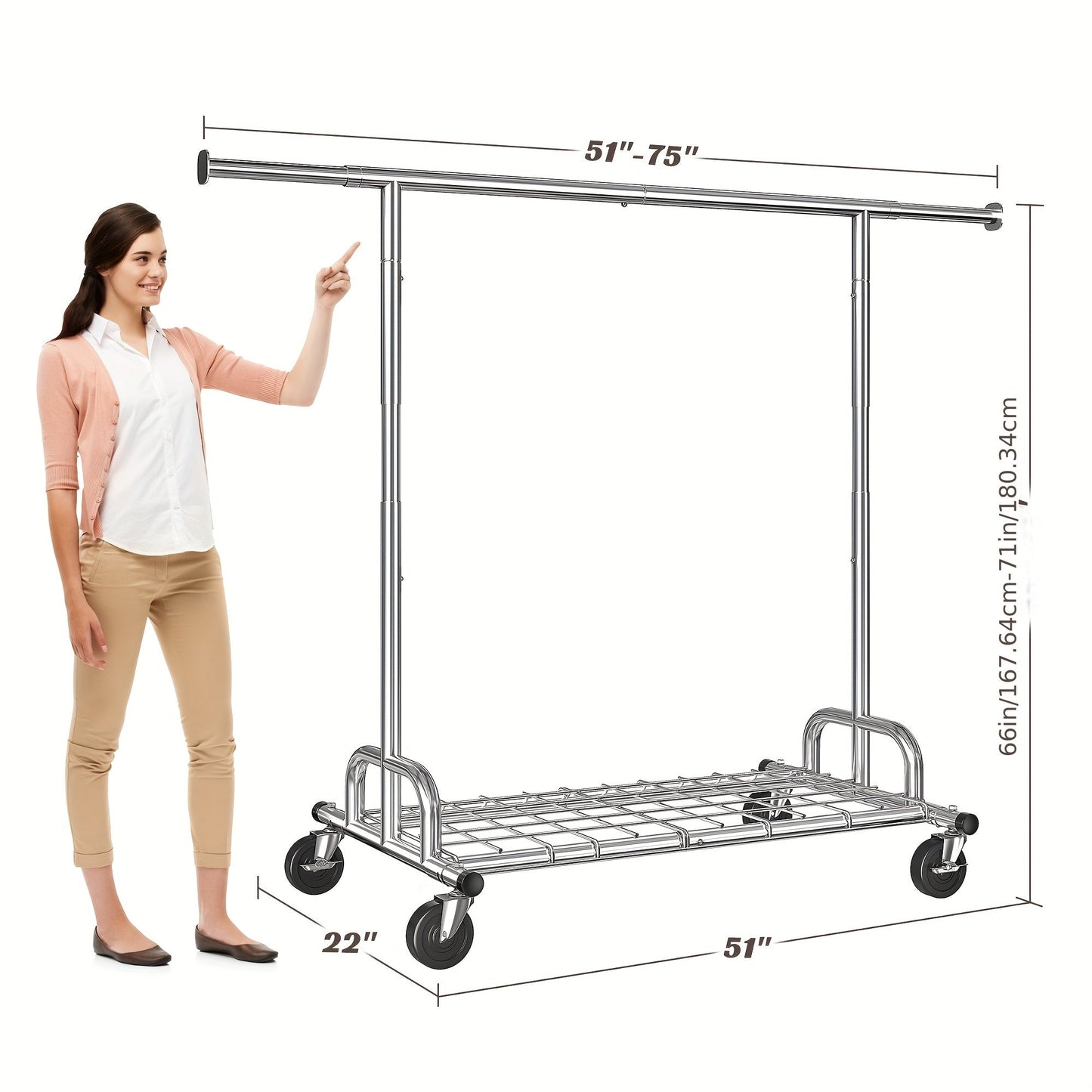 Heavy Duty Rolling Clothes Rack with Wheels – Adjustable Garment Rack 260LBS Capacity, Extendable 51"-75" Wide