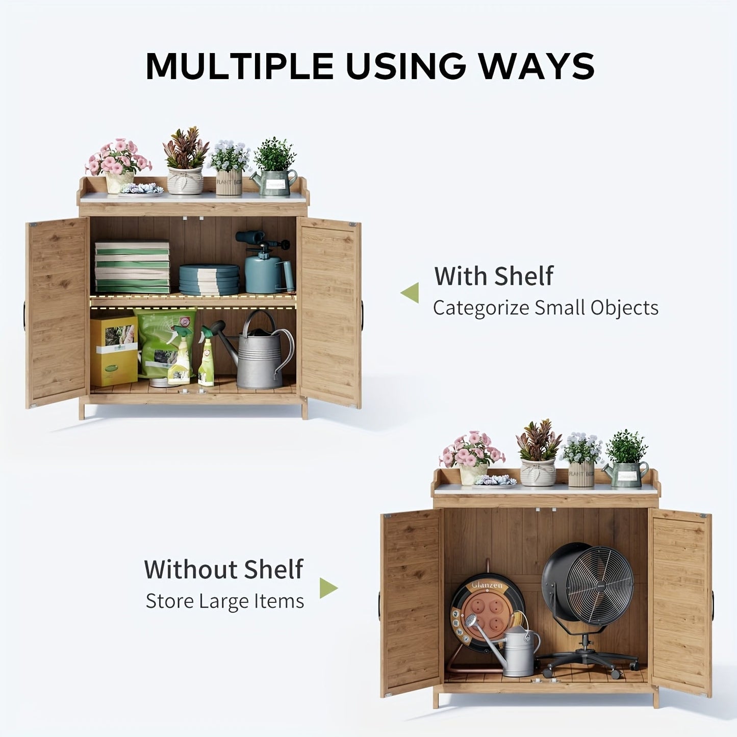Potting Bench with Storage Cabinet, Outdoor Waterproof Wood Garden Shed Table with Removable Shelves & Doors