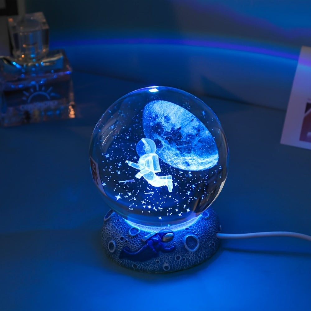 Night Light Blue Starry-Sky Crystal Orb Lamp with 3D Galaxy Pattern, Wood-Tone Base and Single Style